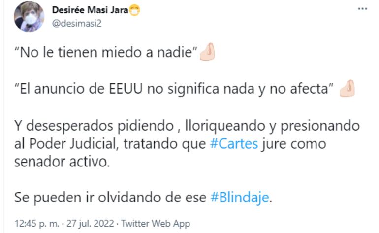 Tuit de la senadora Desirée Masi.