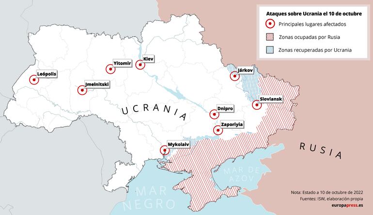 Mapa con ataques registrados sobre distintas ciudades de Ucrania el 10 de octubre de 2022. Rusia ha respondido este lunes a la destrucción del puente de Kerch, que conecta la Rusia continental con la península de Crimea --anexionada en 2014--, con una serie de bombardeos y ataques con proyectiles contra la capital de Ucrania, Kiev, y otras ciudades del país europeo, incidentes que han dejado hasta ahora más de diez muertos y decenas de heridos. (Europa Press)