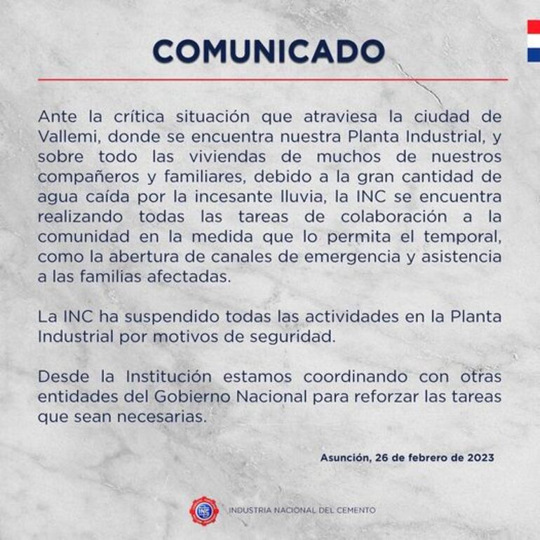 Comunicado de la Industria Nacional del Cemento sobre cese de actividades por seguridad ante inundaciones.