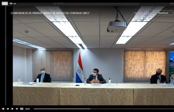 El ministro de Salud, Julio Mazzoleni, el de Educación, Eduardo Petta, y el viceministro del MEC, Robert Cano, en conferencia virtual.