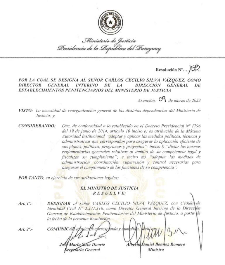 Resolución que designa a Carlos Silva Vázquez es nuevo director general interino de Establecimientos Penitenciarios.