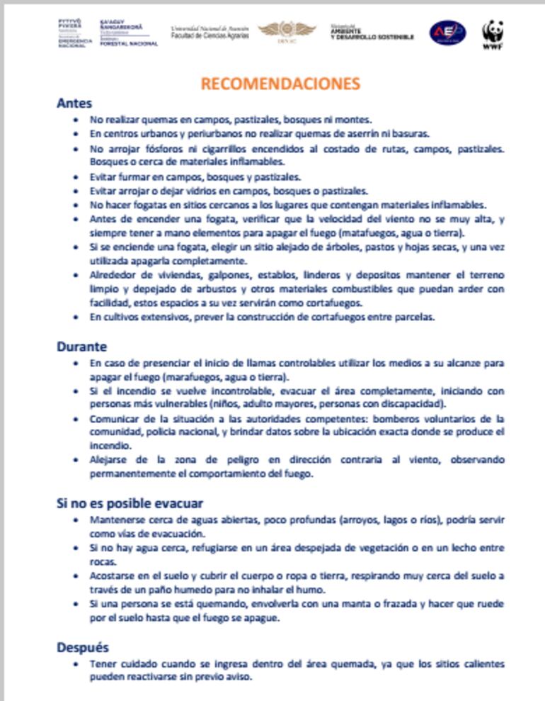 Recomendaciones importantes en el antes, durante, si no se puede evacuar y para el después de un caso de incendio.