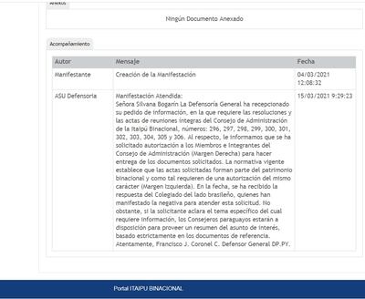 La Defensoría General de Itaipú Binacional respondió con una negativa a la solicitud de documentaciones hecha por el diario ABC Color.
