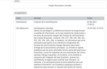 La Defensoría General de Itaipú Binacional respondió con una negativa a la solicitud de documentaciones hecha por el diario ABC Color.