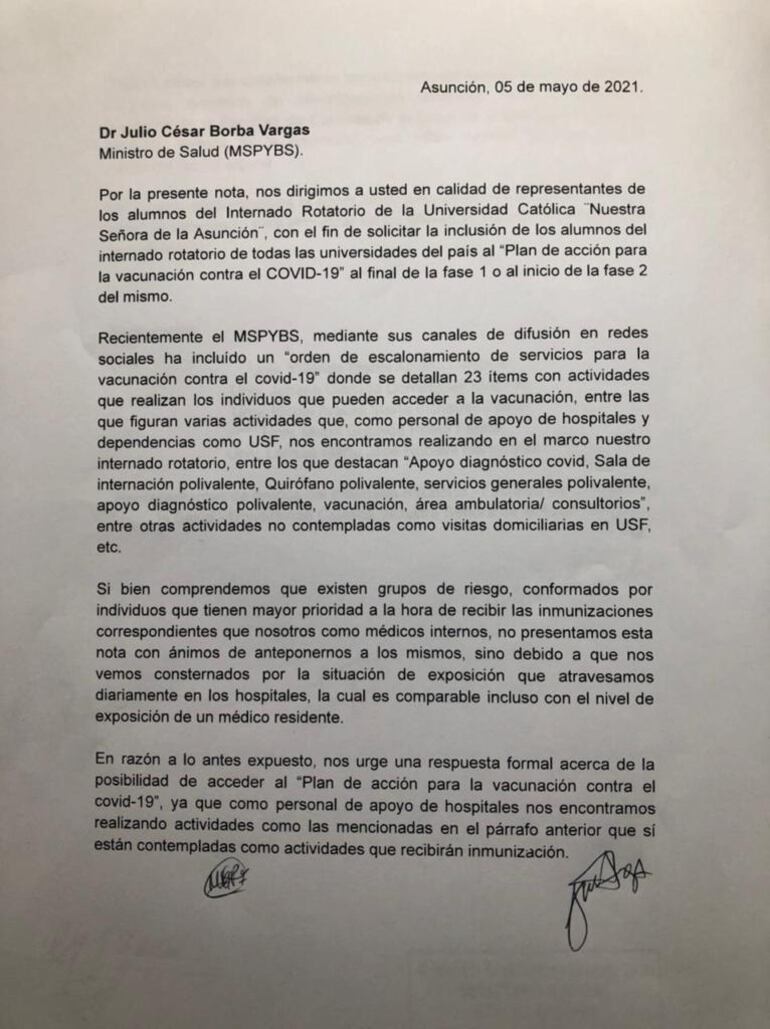 Segunda nota enviada al ministro de salud, Julio Borba, solicitando la inclusión al "Plan Nacional de Vacunación" a los médicos internos de todas las universidades del país.