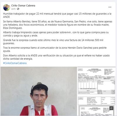 La publicación en Facebook que permitió que la ANDE haga la verificación de la lectura del medidor y encuentre que hubo una gran sobrefacturación por el consumo de diciembre de 2020.