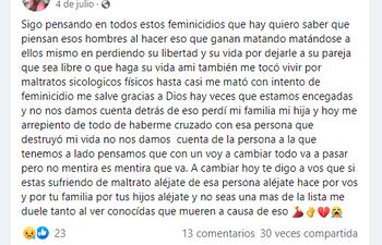 Posteo del presunto perfil de la joven asesinada ayer en Ñemby en que reveló que ya fue víctima de un intento de feminicidio anteriomente.