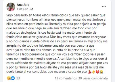 Posteo del presunto perfil de la joven asesinada ayer en Ñemby en que reveló que ya fue víctima de un intento de feminicidio anteriomente.