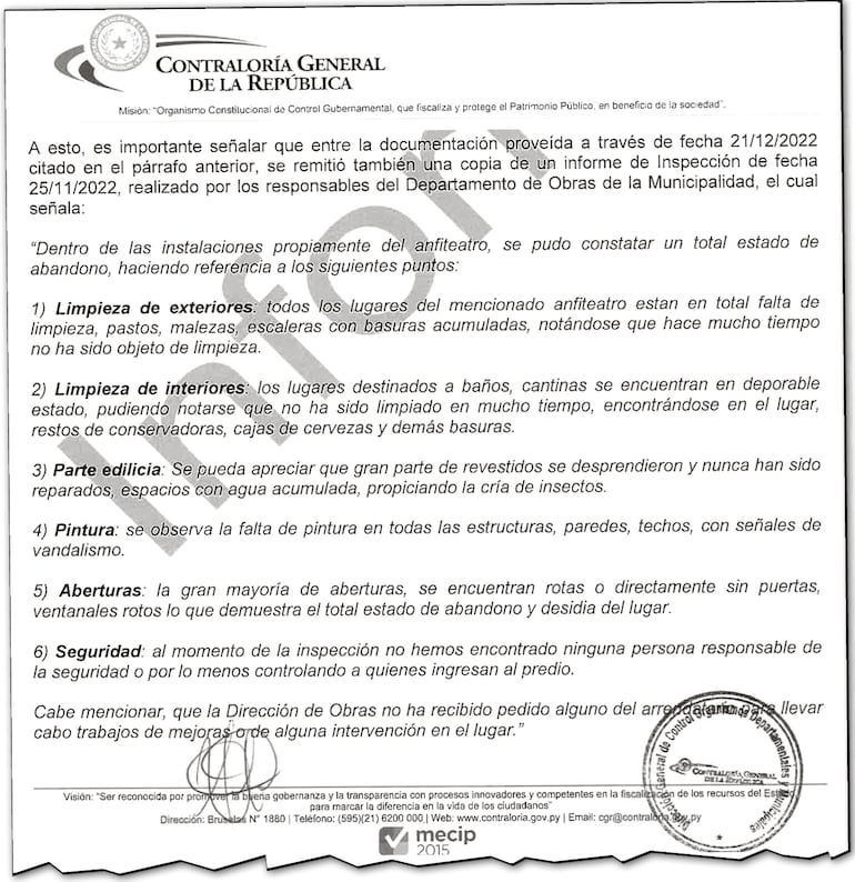 Suciedad en los espacios exteriores, basuras en las zonas interiores, además de estructuras edilicias afectadas por la falta de mantenimiento. Algunos de los puntos denunciados por la CGR.
