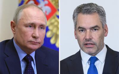 El presidente de Rusia, Vladimir Putin recibe en el Kremlin al líder austriaco, Karl Nehammer. (Sputnik/AFP)