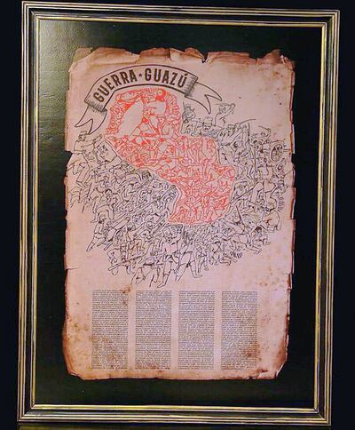 “Guerra Guazú”, el cuadro ganador del concurso, emula un antiguo pergamino y reúne siluetas estilizadas de soldados alrededor de un Paraguay teñido de rojo.