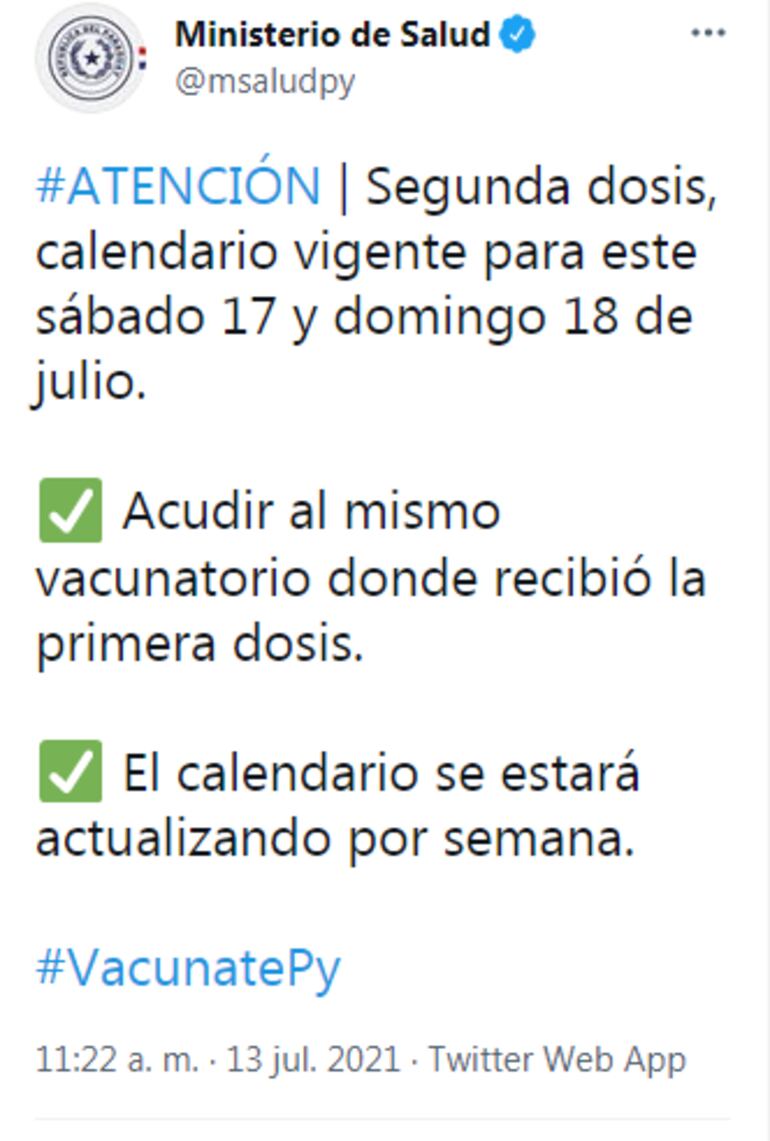En un apartado de su cuenta de Twitter, el Ministerio de Salud aclara que cada semana se actualizan fechas de segunda dosis dependiendo de la plataforma que les toque.