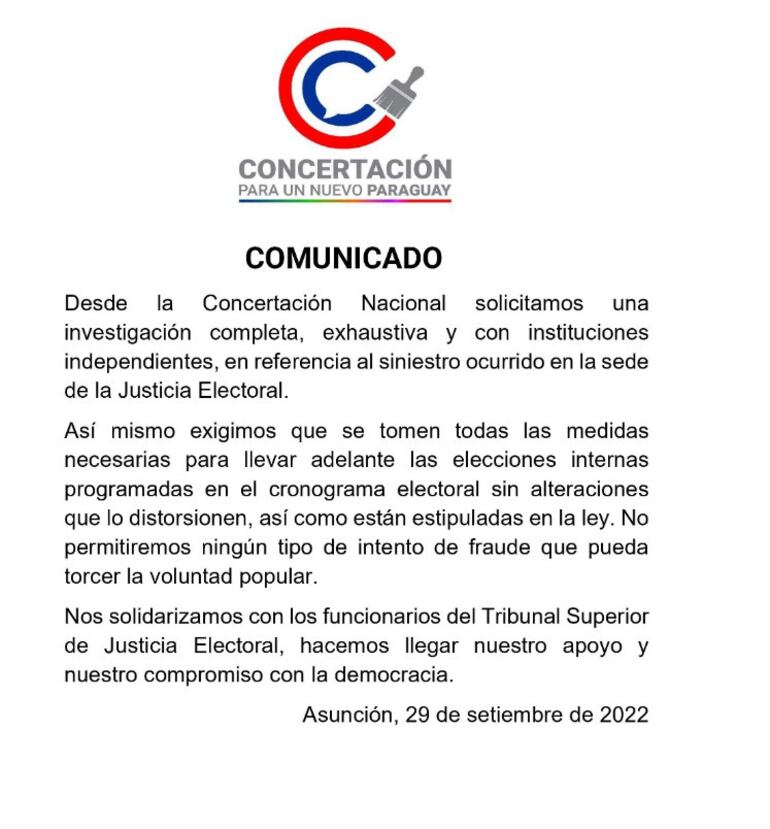 Comunicado de la Concertación sobre incendio del TSJE e intención de desdoblar las elecciones
