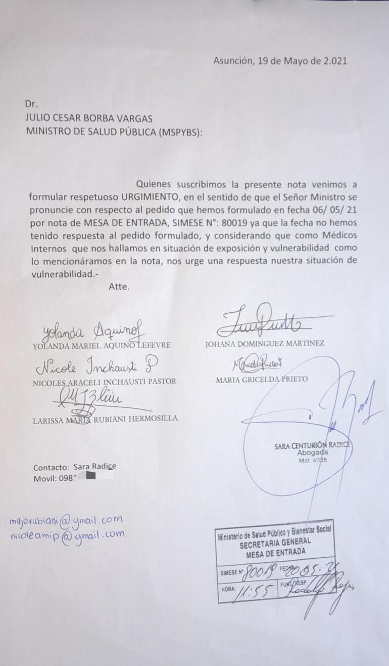 Pedido de urgimiento al ministro de salud, Julio Borba, con respecto al pedido de inclusión al "Plan Nacional de Vacunación" a los médicos internos de las universidades y solicitud de respuesta formal.