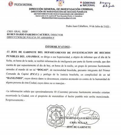 Filtran documento donde hablan de posible atentado en Amambay.