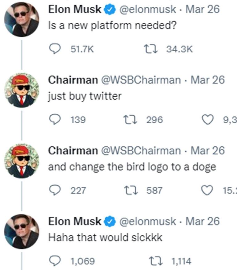 Cuando Elon Musk preguntaba si era necesaria una nueva plataforma -para reemplazar Twitter- un usuario le dijo que solo debería comprar la red del pájaro azul y reemplazar su logo por Doge.