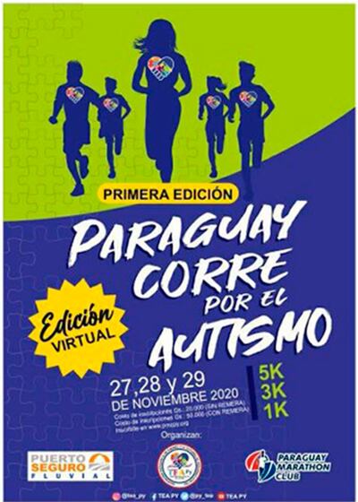 La primera edición de la corrida virtual “Paraguay corre por el autismo 2020”, se realizará en distancias de 5 km, 3 km y 1 km los días los días 27, 28 y 29 de noviembre.