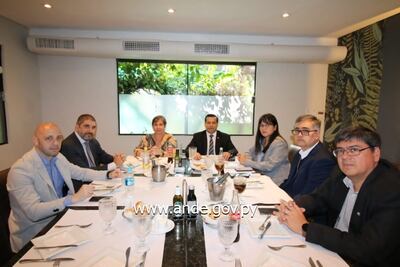 En la cabecera, Luciana Botafango, gerente  general de Fonplata, con el titular de ANDE, Ing. Félix Sosa. Acompañan en la mesa Blas Rozada y el Elías Rubisntein, de la multilateral; además, el director de Planificación y Estudios de ANDE, Ing. Tito Ocariz; el gerente técnico, Ing. Miguel Báez y la gerente financiera, Sonia Rojas.