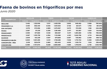 Informe del Senacsa, del faenamiento de bovinos por planta frigorífica durante el mes de junio.