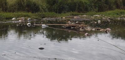 Botellas de plástico, latas y ramas secas se confunden entre las aguas negras del arroyo Yukyry.