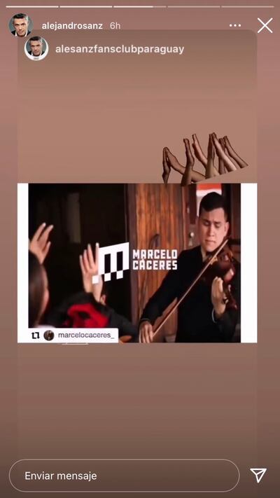Imagen de la historia de Instagram compartida por el cantante español Alejandro Sanz con el vídeo realizado por Marcelo Cáceres.
