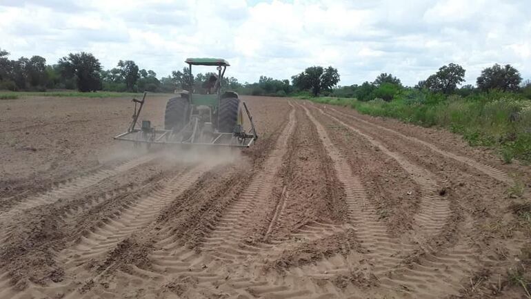 Un tractor arando en un comunidad nativa del Chaco.