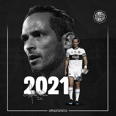 El anuncio gráfico de la continuidad de Roque Santa Cruz en Olimpia por una temporada más.
