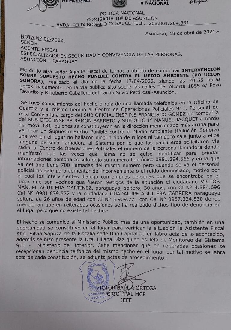 Informe de intervención tras denuncia de polución sonora.