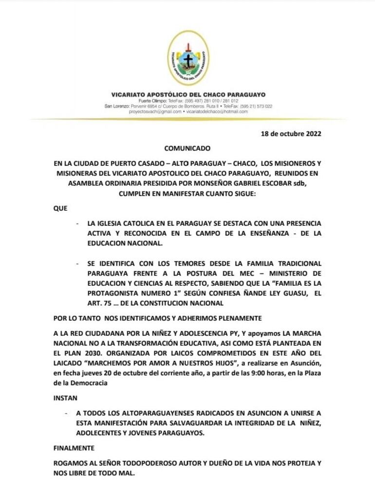 Comunicado del Vicariato Apostólico del Chaco Paraguayo.