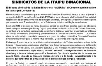 Comunicado del bloque sindical de Itaipú.