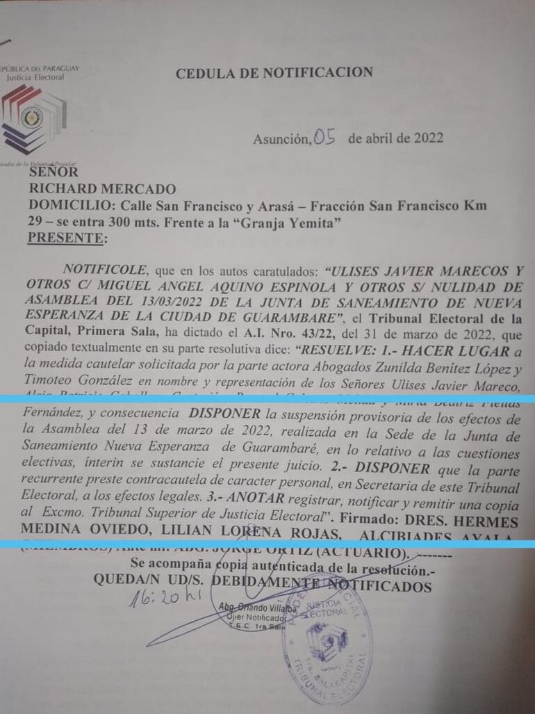 Medida cautelar que sostiene a la cuestionada comisión directiva de la Junta de Saneamiento del barrio Nueva Esperanza de la ciudad de Guarambaré.