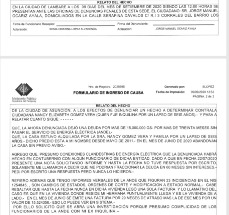 Jorge Ocariz, ante la falta de respuesta de la ANDE, hizo la denuncia sobre posible complicidad de funcionarios de la estatal para la reconexión de su medidor, con su anterior inquilina.