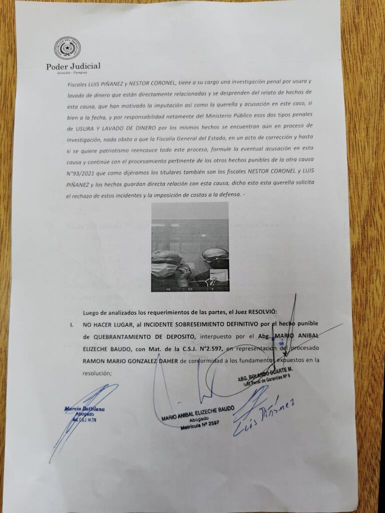 Resolución del juez Rolando Duarte, que rechazó el sobreseimiento definitivo de Ramón González Daher.