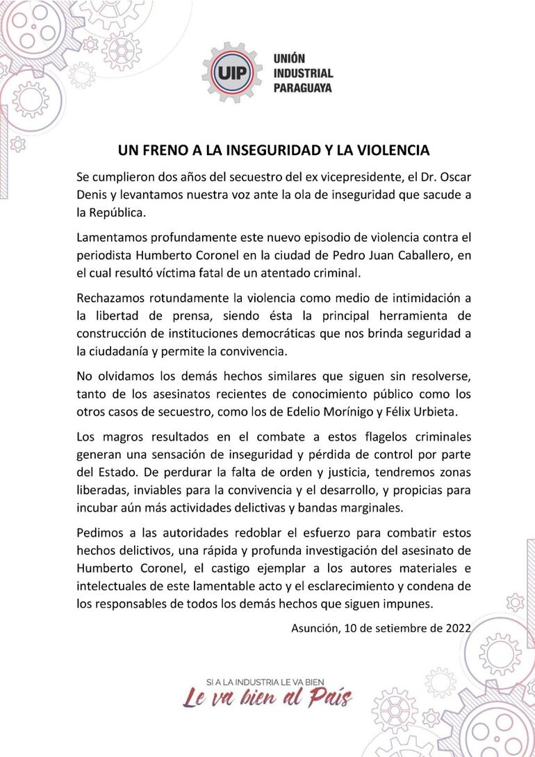 Comunicado de la Unión Industrial Paraguaya (UIP).