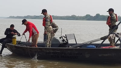 Un buzo de la marina se dispone a ingresar a las aguas del río en búsqueda del joven desaparecido.