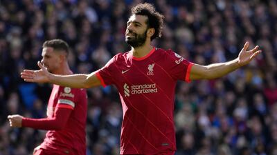 Mohamed Salah festeja el segundo del Liverpool contra el Brighton por la ronda 29 de la Premier League.