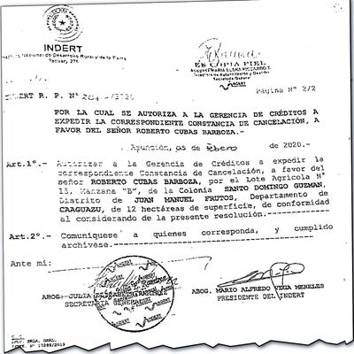 Reproducción del documento del Indert, que otorgó este año la constancia de cancelación del desaparecido Roberto Cubas Barboza, padre de Payo Cubas, senador destituido, sin que se haya pagado por el lote.