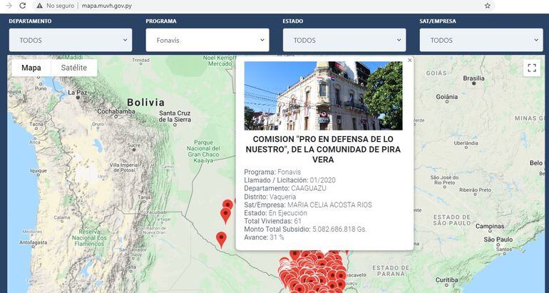 El mapa de viviendas del MUVH no facilita un resumen de cantidad de obras y transferencia de recursos que recibe cada empresa proveedora de sus programas.