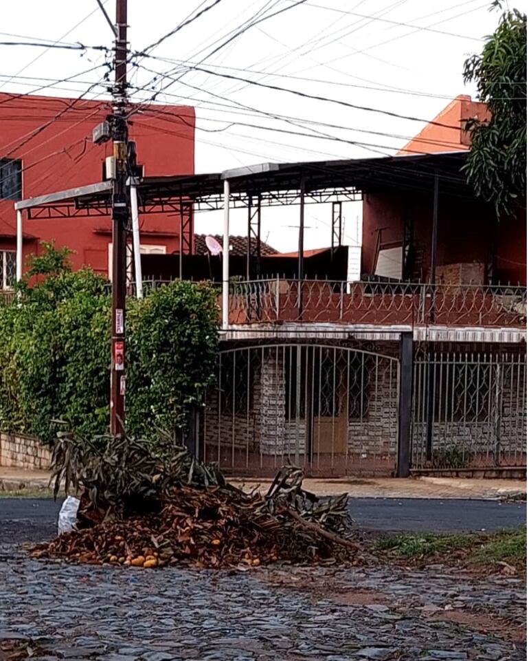 Basural en la calle  Coronel José María Aguiar empedrada que cruza la calle Herminio Giménez.
