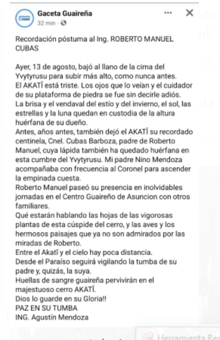 Así se despedían y recordaban a Roberto Cubas. (gentileza).