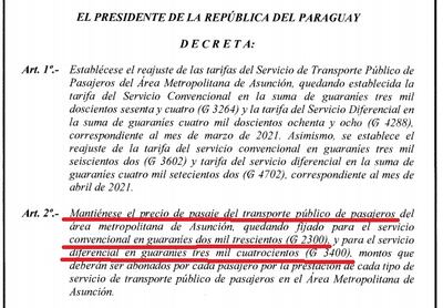 Facsímil del Decreto N° 5659 del presidente Mario Abdo Benítez que establece el precio del pasaje a G. 2.300 y G. 3.400 por el servicio de los buses convencionales y diferenciales, respectivamente. Los empresarios que abandonen el subsidio deberán respetar esos precios y cobrar por el billetaje electrónico, o serán sancionados como falta grave.