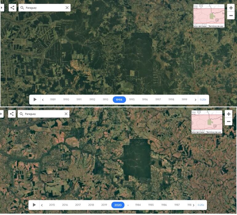 La degradación de la zona de la Biósfera del Mbaracayú con el paso de los años.