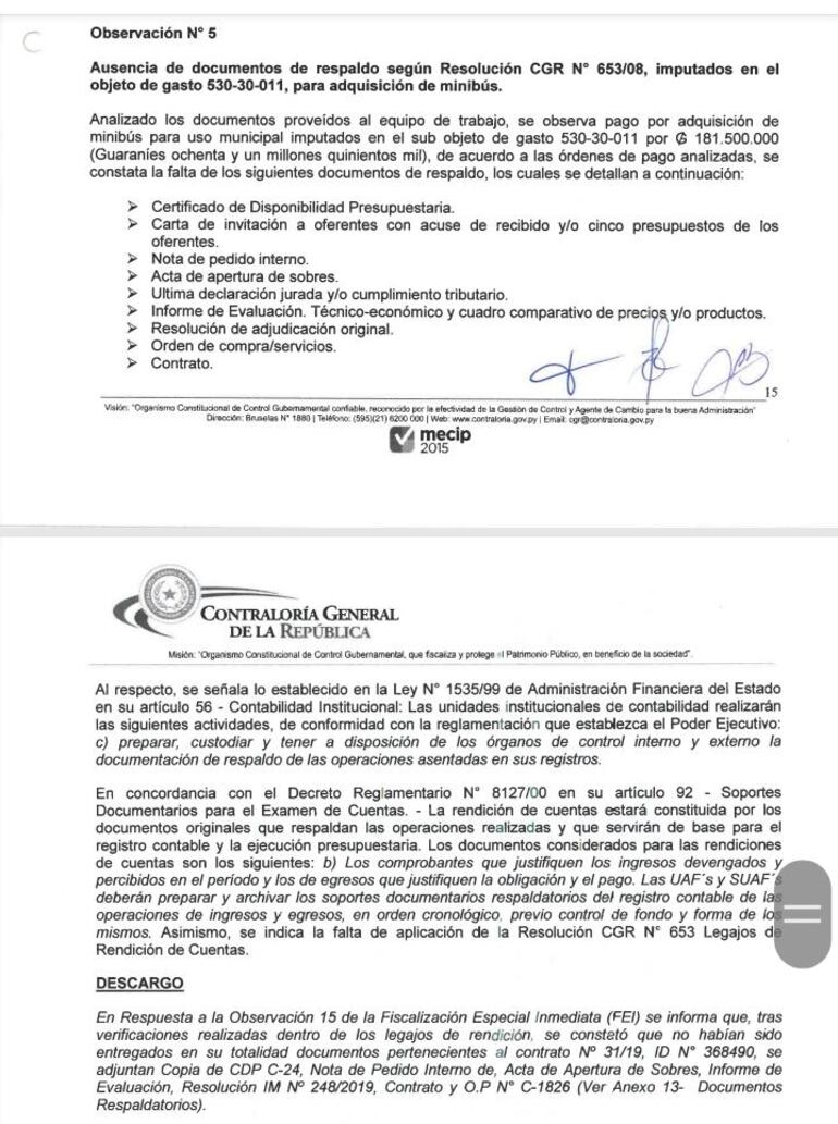 Control de la contraloría a la administración de la Municipalidad de Areguá