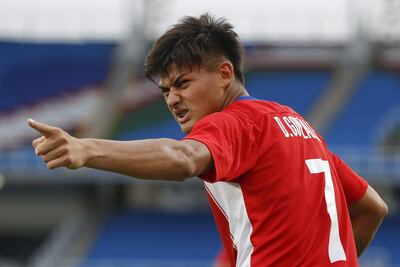¿Diego González de Paraguay celebra un gol, en un partido de la fase de grupos del Campeonato Sudamericano Sub'20 entre las selecciones de Paraguay y Perú en el estadio Pascual Guerrero en Cali (Colombia).¿