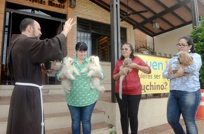 El padre Valentín Pesente, en una de las ceremonias de bendición de las mascotas en homenaje de San Francisco de Asís.