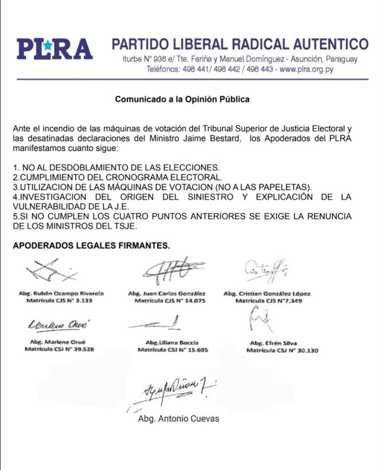 Comunicado PLRA sobre incendio del TSJE e intención de desdoblar las elecciones