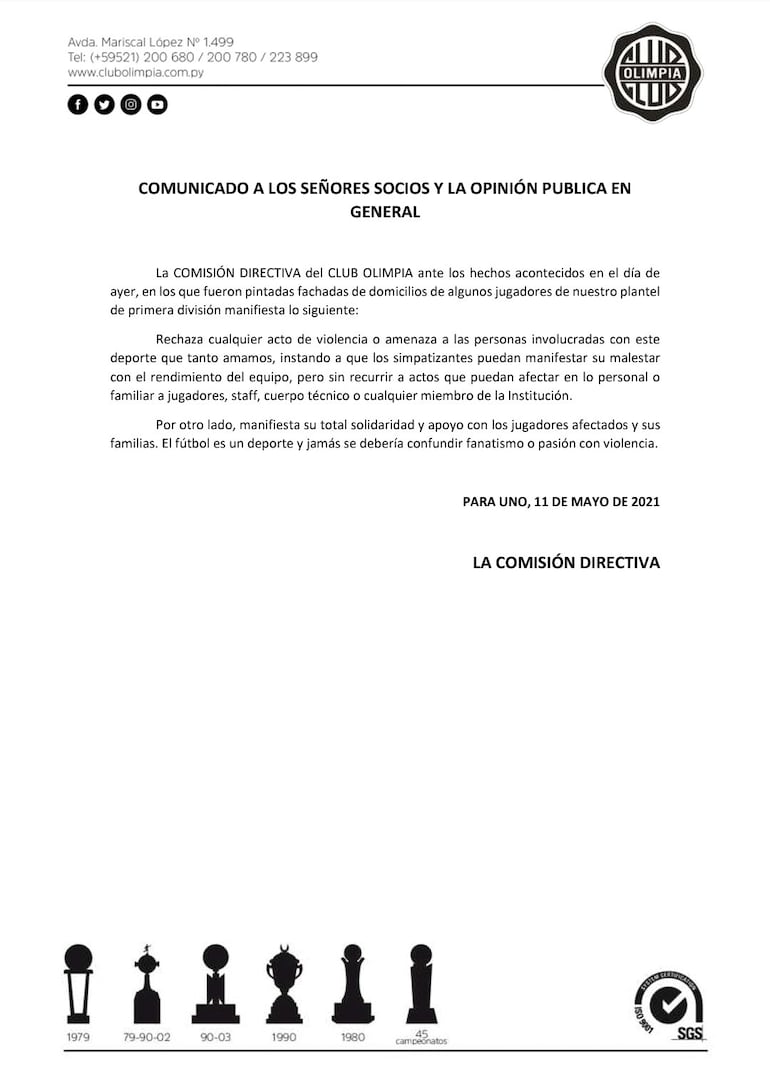 Comunicado de Olimpia