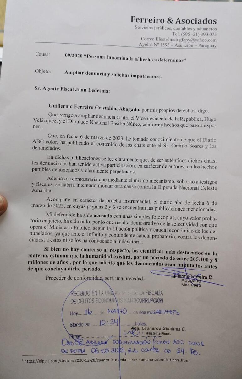 Documento presentado al agente fiscal Juan Ledesma como ampliación de la denuncia en la causa de Mario Ferreiro.