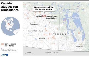 Mapa en el que se localiza la ciudad de Weldon y la comunidad autóctona de James Smith Cree Nation en Canadá, donde se produjeron los ataques con arma blanca que dejaron numerosas víctimas el 4 de septiembre - AFP / AFP