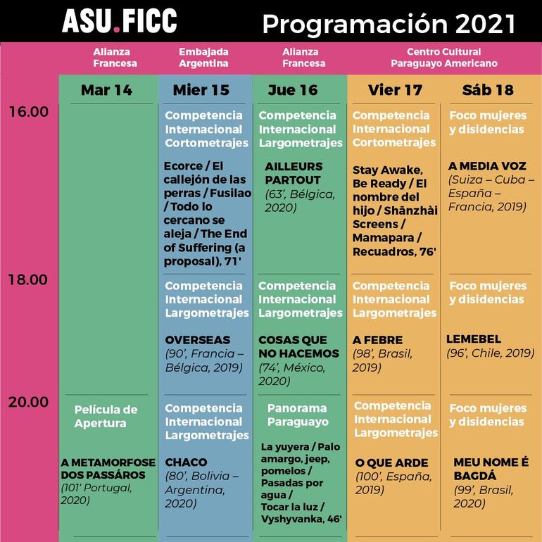 Programa completo del festival Asuficc, que se celebrará en tres sedes. Cada película tendrá una única función, con acceso libre y gratuito.